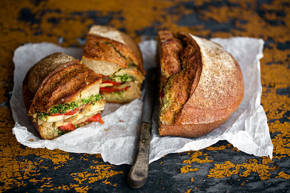 Tomato Confit, Pesto and Oven-Roasted Vegetable Sandwich